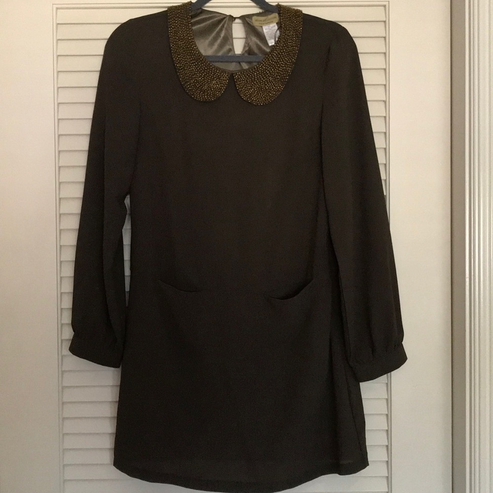 Olive colored dress with beaded collar